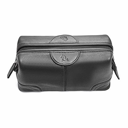Image of Kara Obama Black Leather Toiletry Bag for Men & Women | Multipurpose Travel Organizer Pouch | Shaving Kit | Makeup Cosmetic Pouch | Waterproof Toiletries Kit for Travel