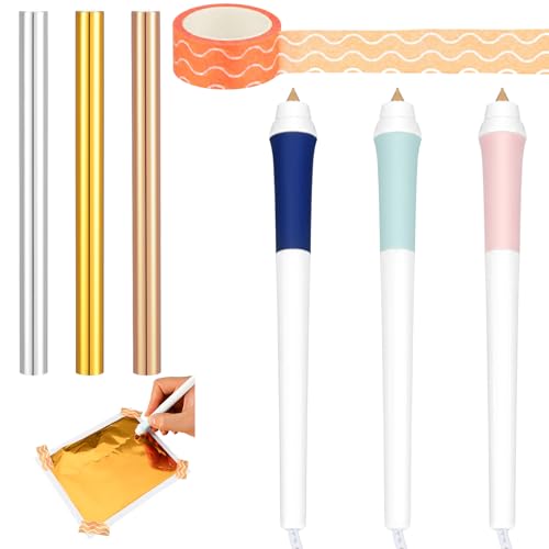 Maitys USB Hot Foil Pen Starter Kit with 3 Tips Gold Silver Copper Foil Rolls & Tape Fast Heating DIY Foiling Tool for Scrapbooking Journals Cards Planners Leather Crafts & Gift