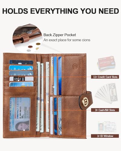 Image of BOSTANTEN Slim Wallet Women Leather RFID Blocking Credit Card Holder Bifold Thin Wallet with Zipper Pocket Brown