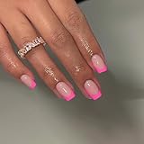 30 PCS Hot Pink French Tip Press on Nails Short Square Nails,SXVME Fake Nails Glue on Nails Short,Acrylic Nails False Nails,Stick on Nails Gel Nails Press ons