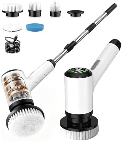 Lichffy Electric Spin Scrubber, 5 Brush Heads, Adjustable Handle, White-rx3