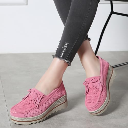 Image of Women's Leather Platform Loafers Faux Suede Comfort Moccasins Comfortable Thick Soled Breathable Loafers