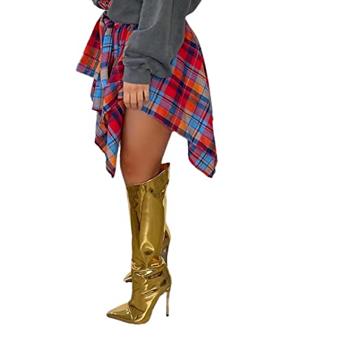 Plaid Skirts for Women's High Waisted Knot Front Asymmetrical Hem Mini Skater Skirt2