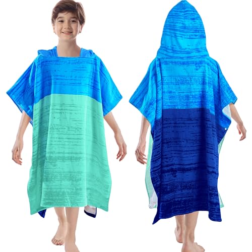 VOOVA & MOVAS Poncho Towel for Teens (8-16 Years) | Soft Absorbent Cotton Hooded Towel Robe | Versatile Beach, Pool, Swim & Bath Cover-Up | Blue & Aqua