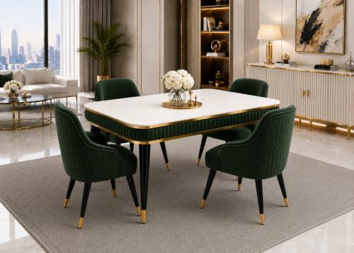 Image of WOODEN SPACE 4 Seater Wooden Dining Table Set | Urban Marble Top Dining Table with Chairs for Dining Room & Kitchen (Modern Zyro Dark Green) (54 x 36 x 30 inch)