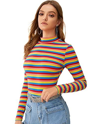 Floerns Women's Mock Turtleneck Long Sleeve Slim Fit Stretch Striped T-Shirts Tunic Tops Fall Fashion Trendy Outfits Clothes