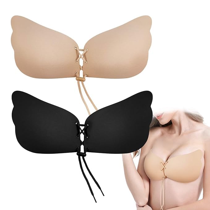 Strapless Sticky Bra Backless Bra Invisible Silicone Bras Push up Bra for Women 2 Pack(Black,Beige)-picture-48