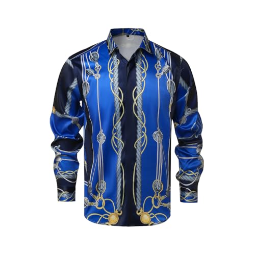Mens Luxury Brand Printed Silk Like Satin Button Down Dress Shirt for Party Prom Long Sleeve Slim Fit Floral Nightclub Shirt