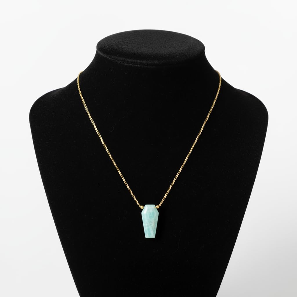 Natural Amazonite Geometric Coffin Pendant Necklace for Women | Gold Plated Hypoallergenic Harmony Crystal Jewelry | Truth & Communication Stone Gift 16"+2" (Amazonite) - Image 6