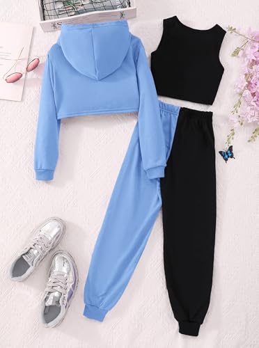 Hilinker Girls Graphic 3 Piece Outfits Workout Crop Hoodie Ribbed Tank and Sweatpants Set2