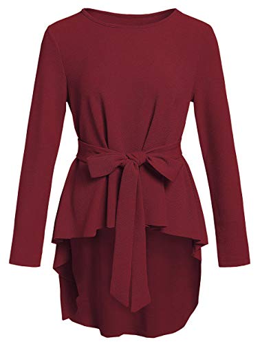 Romwe Women's Solid Long Sleeve Elegant Party Belted Ruffle Peplum Blouse Shirts Top