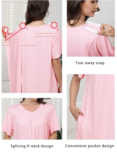 Image of Hospital Gowns for Women Open Back Tear Away Snap Post shoulder Dress Short Sleeve Soft Adaptive Clothing with Pockets