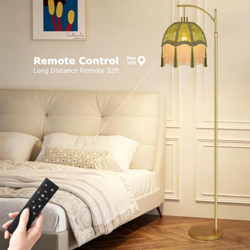 Image of Vintage Floor Lamps for Living Room Boho Rustic Floor Lamp with Remote Control & 3 Color Temperature,Dimmable Gold Floor Lamp Mid Century Modern Standing Lamp Fringe Green Tall Floor Lamp For Bedroom