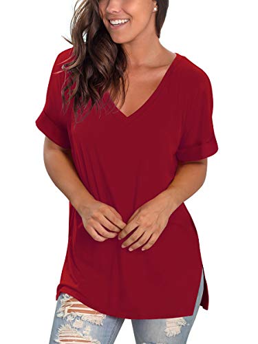 Image of Sampeel Women's V Neck T Shirts Casual Rolled Short Sleeve Side Split Summer Tops Loose Fit