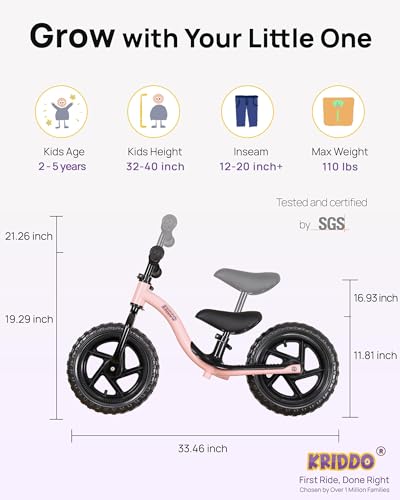 Image of KRIDDO Toddler Balance Bike 2 Year Old, Age 24 Months to 5 Years Old, Early Learning Interactive Push Bicycle with Steady Balancing, Gift Bike for 2-5 Boys Girls, Pink