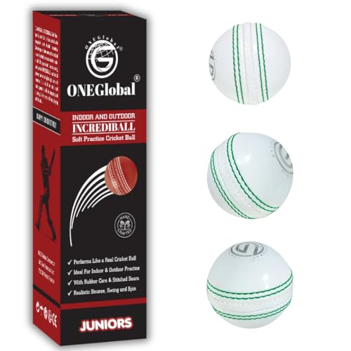 ONEGlobal Incrediball Junior Soft Practice Cricket Ball | Outdoor & Indoor Rubber Cricket Ball With Core & Stitched Seam | For Practice Training & Family Fun | Senior & Junior Size (3 White Junior)