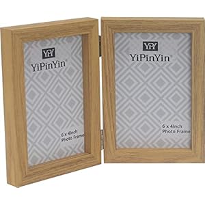 Hinged Double Photo Frame 6×4”,Natural Wood Effect 4×6” Double Picture Frame,Twins frame 6X4 with Glass, Primary Wood Grain Color Holds 2 Standard Photoes Foldable,Family Photo Frame 6×4”