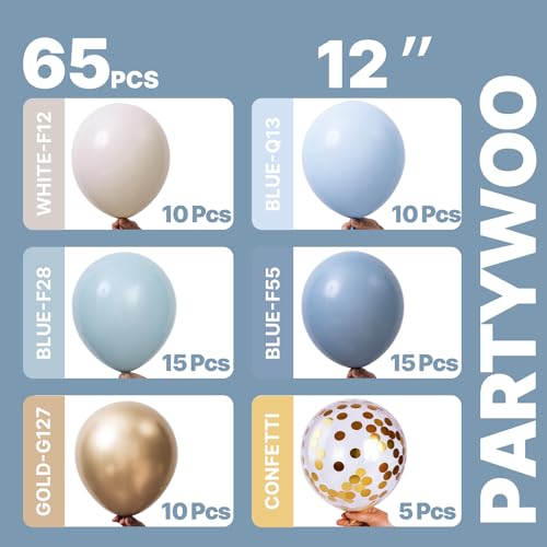 Image of PartyWoo Dusty Blue Balloons 65pcs 12 Inch Light Baby Slate Blue Off White Sand Metallic Gold Boho Confetti Balloons for Graduation Boy Baby Shower Gender Reveal Birthday Wedding Party Decorations