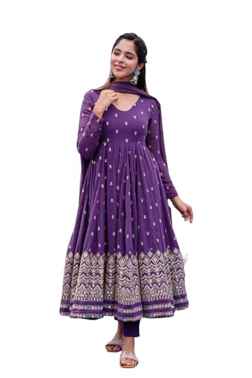 MAHADEV FASHION Women's Dark Lavender Sequence Work Anarkali Style Faux Georgette Gown with Pant & Dupatta