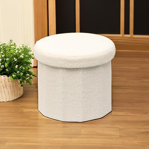B FSOBEIIALEO Storage Ottoman Cube, Round Ottomans with Storage Foot Stool Footrest for Lving Room, Boucle Ottoman Seat for Dorm Room,Faux Teddy Fur, White 15"x15"x13.19" - Image 2