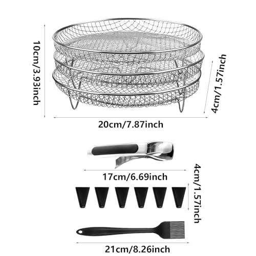 Luftfritteuse Korb, Air Fryer Rack, Runder Air Fryer Stand, 3 Schicht Stapelbar Heißluftfritteuse Edels-tahl Korb, Airfryer Grill Rack Mit Edelstahlclip, Ölpinsel, Heißluftfritteuse Zubehör Rund – Bild 3