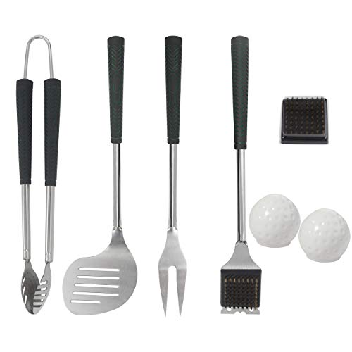 grilljoy 8pc Golf-Club Style BBQ Grilling Set with Long Heat Proof Grips, Stainless Steel BBQ Grilling Utensils in Golf-Club Bag, for Housewarming, Camping and Tailgating