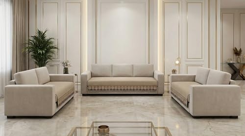 Image of Velvet Quilted Sofa Cover Mat Seat & Back, 3+2+2 Set, Total L161in H32in (3+2+2), Mouse Brown Color,Anti Skid Backing, 6in Hanging Strap Design, Washa, Style -MouseBrown-S322