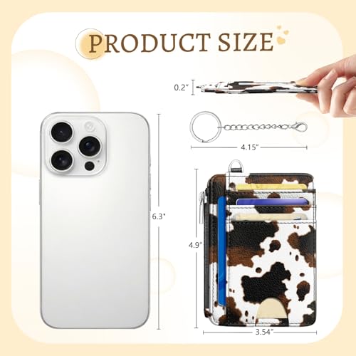 Image of Kelvoris Cow Print Slim Wallet Women Credit Card Holder Small RFID Keychain | Cute, Zipper Coin Pocket, PU Leather Front Pocket, Thin Card Case for Travel, Compact, 6 Card Slot, ID Window, Gift for Woman