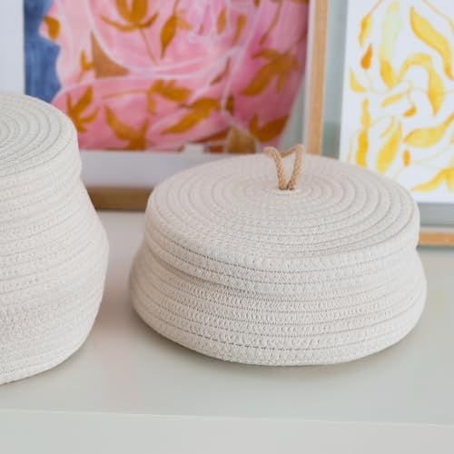 HMF Aufbewahrungskorb Badezimmer rund, Korb mit Deckel aus Baumwolle | Flach | 25,5 x 11,5 cm | Creme