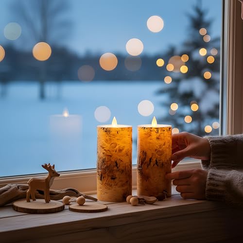 Image of Birch Bark Wax Flameless Candles with Remote Timer, Last 400-Hour with 2AA Batteries, 3D Moving Flame Led Candles, Set of 2(3''x6''), Remote Included(Birch bark).