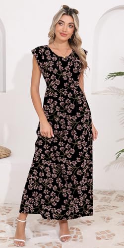 Image of DB MOON Womens 2026 Maxi Dresses Empire Waist Long Summer Dress Casual Cap Short Sleeve Sundress with Pockets