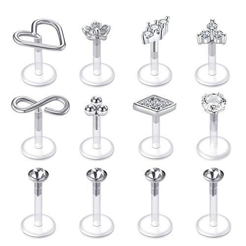 Crdifu 12stk Bioflex Lippenpiercing Labret Stecker Set Flexibel Kunststoff 6/8/10mm Lippe Helix Piercing Retainers
