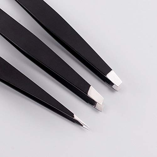 Image of Alis Professional Stainless Steel Tweezers Set - 3 Pieces Combo Set | Great Precision for Facial Hair, Eyebrows Extensions, Ingrown Hair, Splinter, Blackhead, Nose Hair Remover (Black)