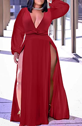 Image of Women's Plus Size Maxi Wrap Dress Sleeveless Deep V Neck Split Dress | Elegant front slit,formal evening, party,club,side split,sleeveless maxi dress