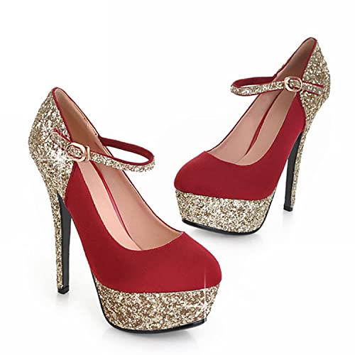 LYYSKY Womens Fashion 14CM Stiletto High Heels Platform Round Toe Ankle Strap Pumps Sequins Evening Dress Party Wedding Prom Shoes4