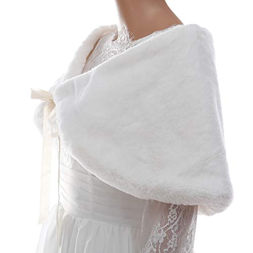 Ursumy Women's Wedding Shawl Faux Fur Wraps Bridal Fur Stole Fur Scarf with Rhinestones Brooch for Bride and Bridesmaids (White)3