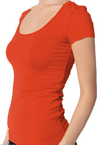 Active Basic Womens Plain Basic Deep Scoop Neck With Cap Short Sleeves - Orange - Small #TOP1