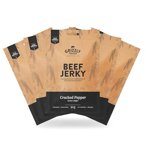 Grizzly Foods • Beef Jerky Cracked Pepper (5 x 50g) • Trockenfleisch Eiweiß Snacks • Rindfleisch aus Deutschland • High Protein Snack für Gym, Fitness, Outdoor, Office
