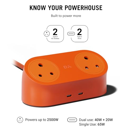 Image of DailyObjects Loft Charging Station - 2 Type-C Ports - 65W, 2 Type-D Ports - 2500W, 5ft Long Cable, Compatible with All Devices, Supports Laptop Charging for Office, Home Appliances, GaN5 - Orange