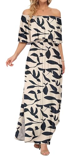 Image of AUSELILY Womens Off Shoulder Ruffle Split Summer Maxi Dresses with Pockets | Off-shoulder Ruffle dress with empire waist & side split for summer beach and casual parties