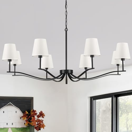 8 Light Black Chandelier with White Linen Shade 44'' Fabric