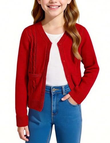 Image of Girls' Cardigan Sweater Long Sleeve Button Down Knit Sweater with Pockets School Uniform Outerwear 4-13 Years