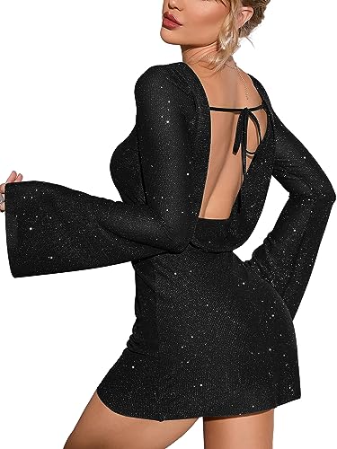 EYNMIN Sparkly Sequin Mini Dress Long Sleeve Backless Tie Glitter Short Going Out Dresses for Women