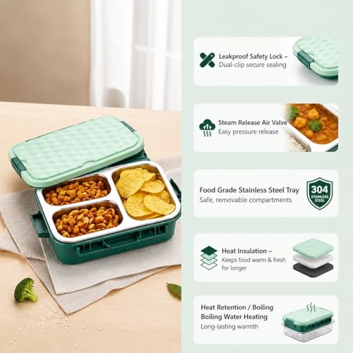 Image of Insulated Stainless Steel Lunch Box with Textured Lid | 3 Compartments | 525ml | BPA Free | Leakproof | Microwave Safe Without Lid | Bento Tiffin Box for Office School Travel (Teal Green, 3)