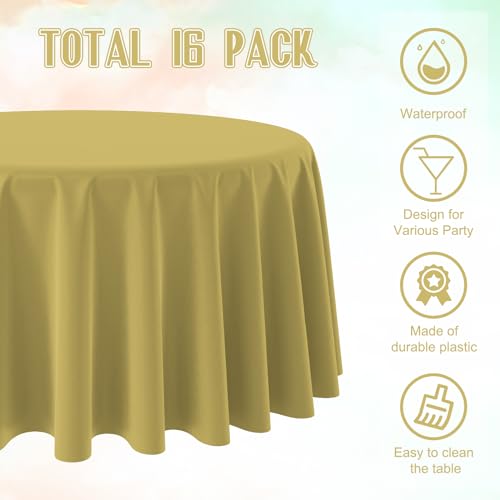 Image of 16 Pack Gold Plastic Tablecloth for Round Tables, Premium Decorative Gold Disposable Table Cloths for Parties, Bulk Round Party Table Cover for Birthday Wedding Anniversary Graduation, 84 Inch