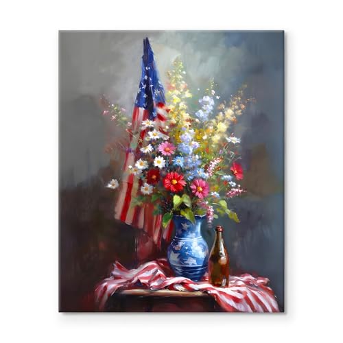 Image of Memorial Day Canvas Wall Art, Patriotic American Flag with Flowers Print, Rustic Veterans Day Oil Painting, USA Independence Day Poster Framed Artwork for Living Room and Office Decor 20x24inch