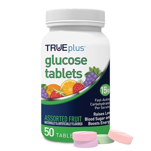 TRUEplus Glucose Tablets Chewable Grape Raspberry Orange Flavors 15g Fast-Acting Carbohydrates Fat Free Gluten Free Boost Energy 50 Count