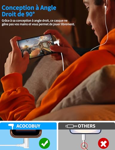 Écouteurs USB C coudés à 90 degrés blanc et orange pour iPhone 16 et Pixel 9