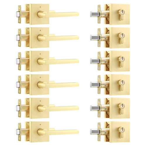 Leydebong Gold Door Handle Set with Single Cylinder Deadbolt