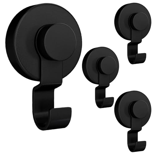 poraceous 4 Piezas Ganchos de Ventosa, Ganchos de Ventosa al Vacío, Colgador Toalla Baño Sin Perforar, Reutilizable, para Cocina, Baño, Pared, Vidrio, Colgar Toalla (Negro)